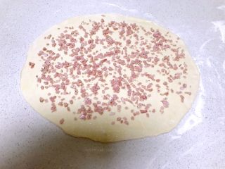 火腿发面饼,均匀的撒上一层火腿丁