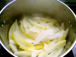 柚皮糖,泡好的柚皮沥干水份，入锅加清水煮开