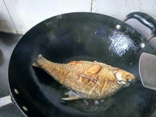 豆瓣酱烧鳊鱼,将鱼放入锅内，并将两面煎至金黄