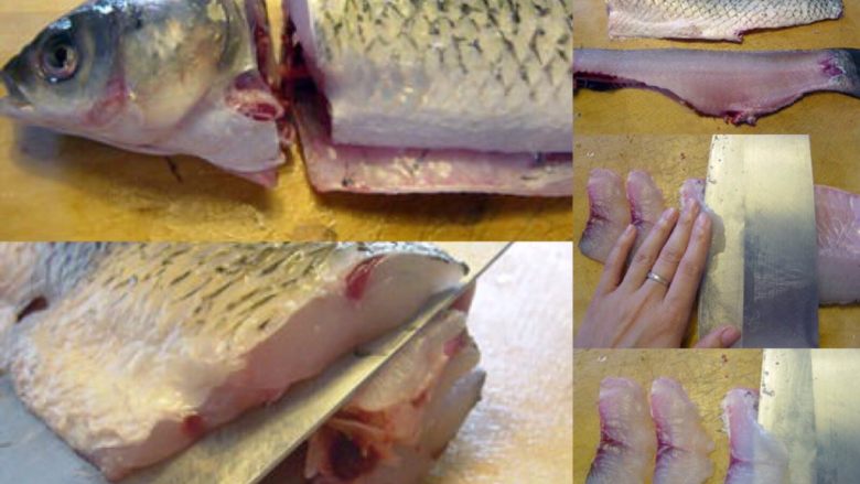 简易小白版水煮鱼
,备料，然后切鱼，按图那样把鱼片成整片的厚鱼片，再斜着慢慢片成薄的带皮鱼片。带皮才不会被煮散，而且带皮的鱼肉吃起来更q，所以片鱼的刀功特别关键。