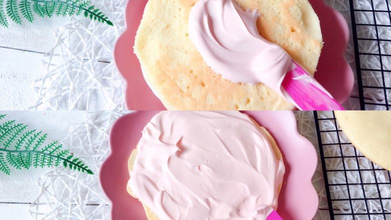 粉红少女心蛋糕,先放一片蛋糕片，均匀涂抹淡奶油，继续放蛋糕片，再涂抹淡奶油，依次类推