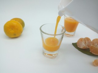 鲜榨桔子汁,给杯子倒上桔子汁（因为喜欢有果粒口感的，所以这次采用粗的过滤网，要想喝纯的，可以换成细的过滤网）