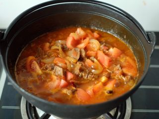 【再添一碗饭】の番茄牛腩锅,加入切块的番茄，加入盐调味，继续炖煮15分钟左右