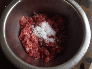 肉末茄子,瘦肉加入3克油、盐和生抽，1.5克生粉和糖，少许胡椒粉调味。