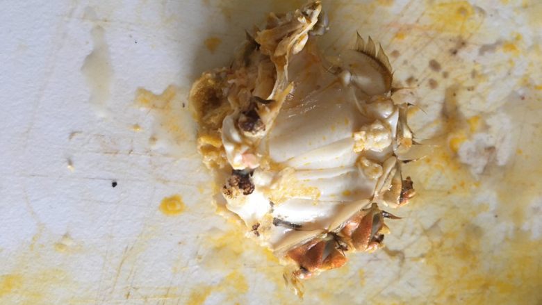 蟹肉馄饨--内附详细拆蟹过程,用小勺挖出蟹黄和蟹膏，掰成两半。