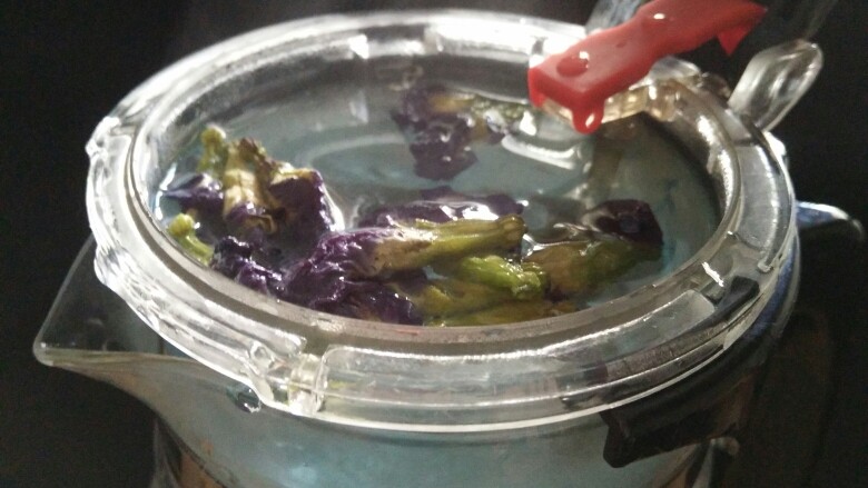 冬喝暖饮夏吃冰---蝶豆花柠檬饮,冲入适量的开水，可以看出壶里刚冲入水，就已经能看出淡淡的蓝色了。