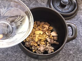 美容养生汤～黄豆炖猪尾,最后倒入适量清水。