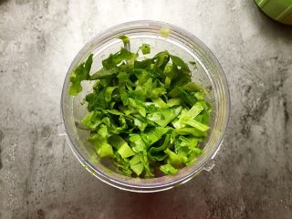 绿色美食+红嘴绿鹦哥铺盖面,取6-8片生菜叶，将生菜切小块放入料理机，加一点点凉白开打成汁。