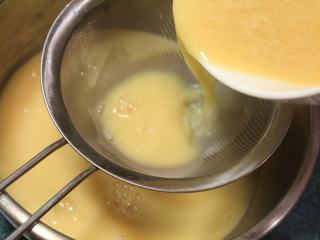 日式茶碗蒸,将蛋液用滤网过滤，滤掉气泡和没有打散的蛋清，这样蛋汁会更细滑。