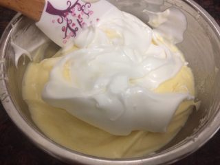 舒芙蕾乳酪蛋糕,取三分之一蛋白霜加入乳酪糊中翻拌均匀，再把乳酪糊倒入剩下的蛋白霜中，翻拌均匀，注意翻拌手法。