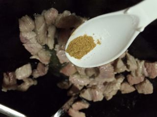 猪耳朵豆角炖肉,肉块变色后，放花椒粉。
