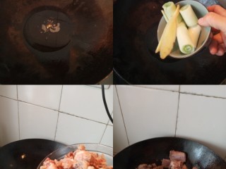 东北菜之排骨炖粉条,热油锅，放入葱姜爆香后倒入排骨，待肉皮收紧放入白糖一勺
