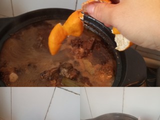 东北菜之排骨炖粉条,放入橘子皮加香去腥，小火炖煮四十分钟后，同事送了一碗板栗，放在了里面，加宽粉加盐调味。
