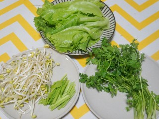 饭扫光——水煮肉片,准备蔬菜，生菜、香菜、豆芽洗净，香芹切小段。