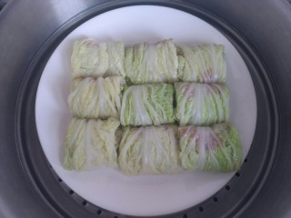 翡翠菜卷,把所有菜叶按照11——15的步骤做好后，依次摆在盘中，放入蒸锅，上气后蒸10分钟。