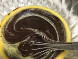 家有烤箱＋快手的巧克力杯子蛋糕, 等巧克力糊稍微放凉，将蛋液倒入，搅拌均匀