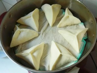 桂香豆沙三角包,电蒸锅里面铺上干净的布(我是新的洗干净的纱布抹布)三角包放进蒸锅发酵