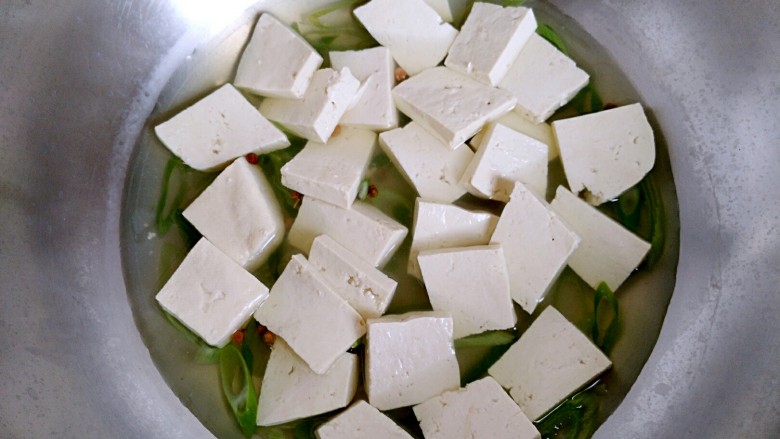 家常炖豆腐（健康无油版）,水开后把豆腐均匀摆放锅中。