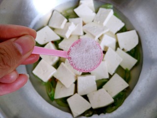 家常炖豆腐（健康无油版）,放入约2g食盐。