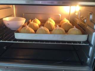 南瓜面包,全部做好后可以把打结上面的线头剪短一点，然后放进烤箱进行发酵，烤箱内放一碗热水增加湿度