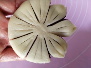 家有烤箱+紫薯酥,用手托住切割好的面饼。捏出花瓣形。