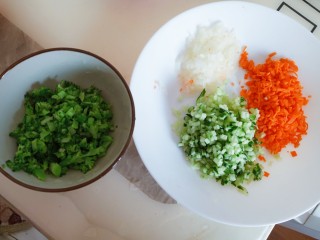 东北菜之儿童饭包,西兰花晾凉，剁碎。胡萝卜，洋葱，黄瓜剁碎