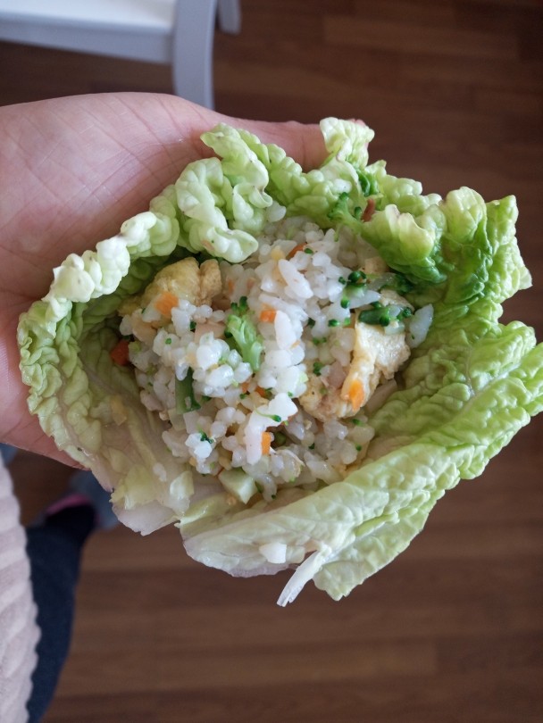 东北菜之儿童饭包,把放放在菜叶子上，用力握一下让饭更紧实，然后裹匀即可。