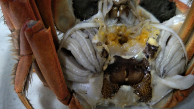 蒸大闸蟹,蟹身上的两边的蟹心和蟹肺丢掉不吃。