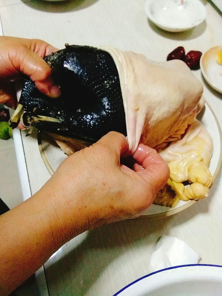 家常养胃荤菜 肚包鸡,将小鸡整只塞到猪肚里。一手拉开肚口，一手握住鸡屁股的位置，往里塞很好塞。
