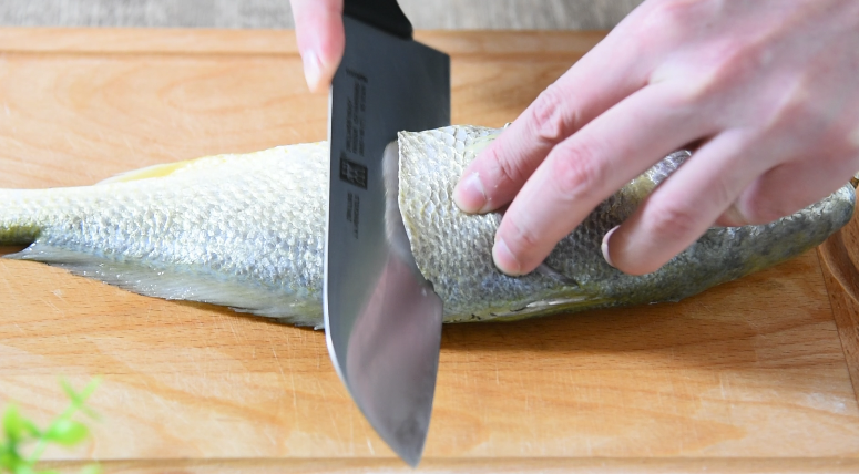 快手版红烧大黄鱼问世，简单操作，味道鲜美！,先将鱼刮去鳞片、内脏，用到在鱼身上划几道口