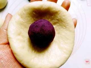 紫薯面包,将紫薯球放在圆饼正中央