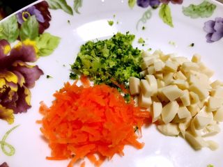 香菇鹌鹑蛋,西兰花，胡萝卜，香肠切丁备用