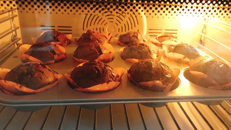 浓郁巧克力马芬,入预热烤箱180度中下层上下火烤23分钟，用牙签戳下面糊，基本不沾就是熟了。(开烤箱注意别烫着了！)
火力时间根据自己烤箱。