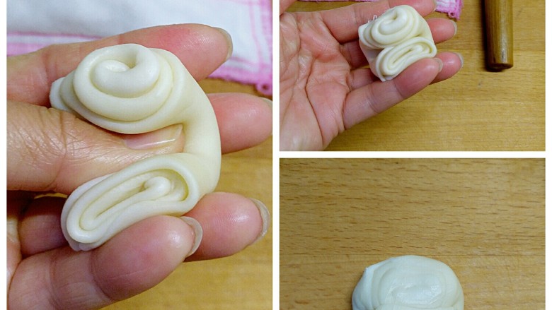 枣花酥,卷好的面团用大拇指从中间按下，两边收上来按平，擀成圆形的饼皮