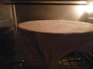 炼奶小馒头(烤箱版),盖湿布放入烤箱开启发酵功能发酵一小时。由于现在温度低于28度所以借用烤箱发酵。