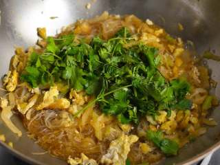 鸡蛋酸菜炒粉丝，酸香开胃特别好吃,拌炒均匀，放上香菜段。