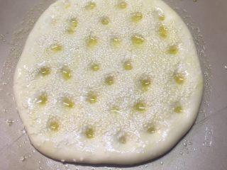 白芝麻佛卡夏,用手指关节在发酵好的面包胚上按上小孔。均匀的刷上橄榄油，多刷点。撒上薄盐。
