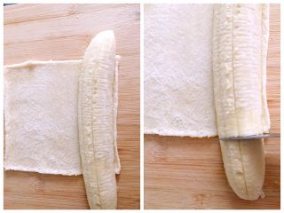 懒人料理-香蕉派,擀好的土司片，放入切好的香蕉，切掉多余的部分。