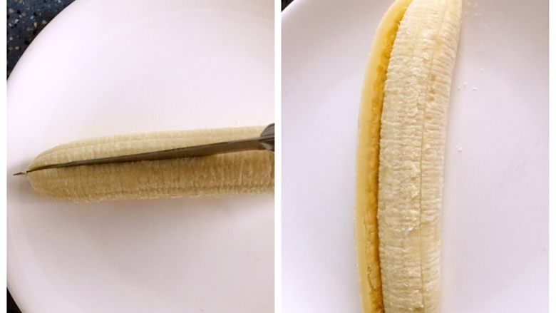 懒人料理-香蕉派,香蕉剥皮，对半切开备用。