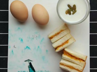 那些日子做过的餐盘画,酸奶，三明治，鸡蛋。