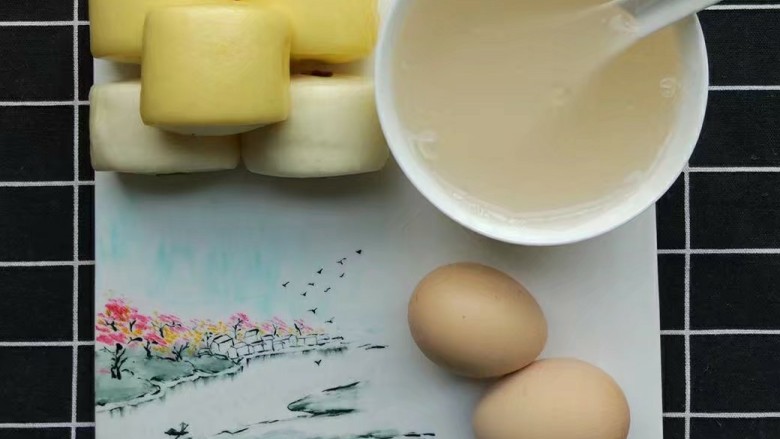 那些日子做过的餐盘画,藕粉，鸡蛋，馒头。