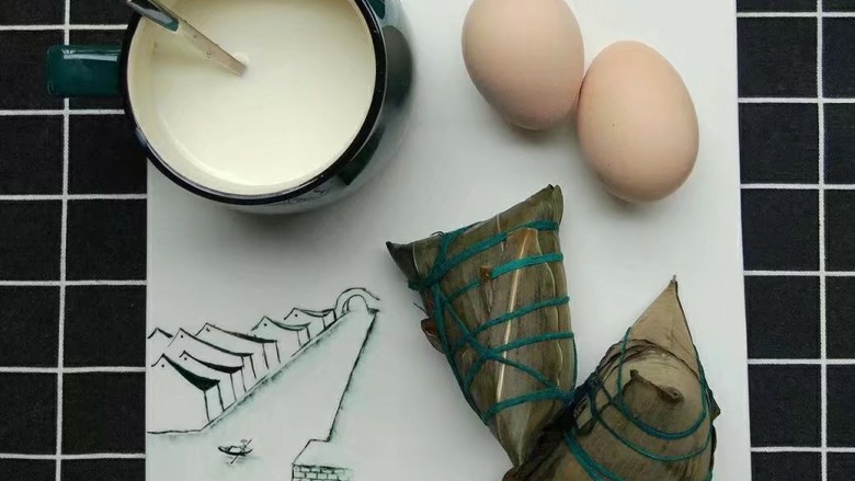 那些日子做过的餐盘画,牛奶，粽子，鸡蛋。