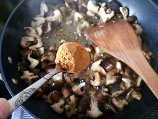 孜然香菇,放入孜然粉，翻炒。
