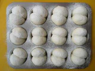 海蒂面包,放入烤箱进行二发，开启烤箱发酵功能，约40分钟至2.5倍大，然后在表面筛上薄薄的一层高粉装饰