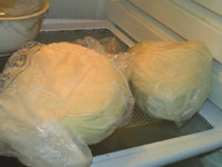 最爱包子+玉米面酸菜小包子,将冷冻面团从冷冻室移至冷藏室解冻