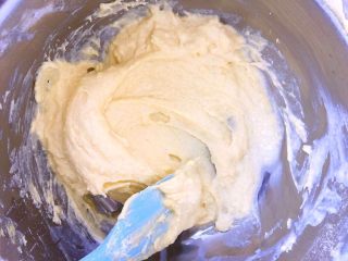 蓝莓蛋糕,混合到面糊没有干粉为止，切勿过度搅拌使面粉出筋哦
