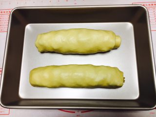 最爱面包➕新疆三果大列巴,把卷好的大列巴放在烤盘里。
注意两个大列巴卷的间距，太近了，发酵后就容易粘在一起。