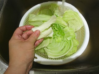培根大阪燒,取份量裡的高麗菜，洗淨後去掉粗大的葉脈。