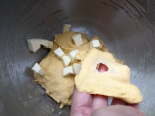 最爱面包+南瓜吐司,启动厨师机和面，约8分钟至能拉出粗膜，加入盐和软化的黄油