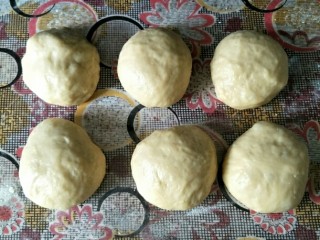 最爱面包+心形椰蓉面包,发酵好的面团按压排气，分成六份滚圆，盖住保鲜膜松弛15分钟